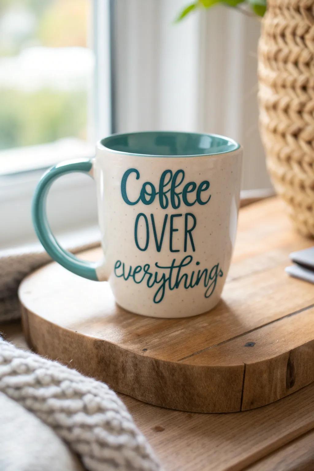 Elevate your morning routine with a mug that speaks your language: Coffee Over Everything.
