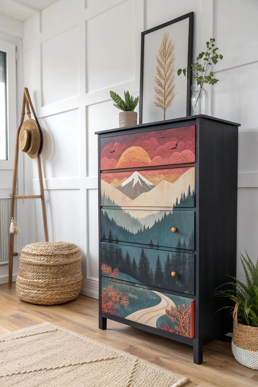Transform your space with a dreamy mountain sunset dresser – where craftsmanship meets serene beauty.