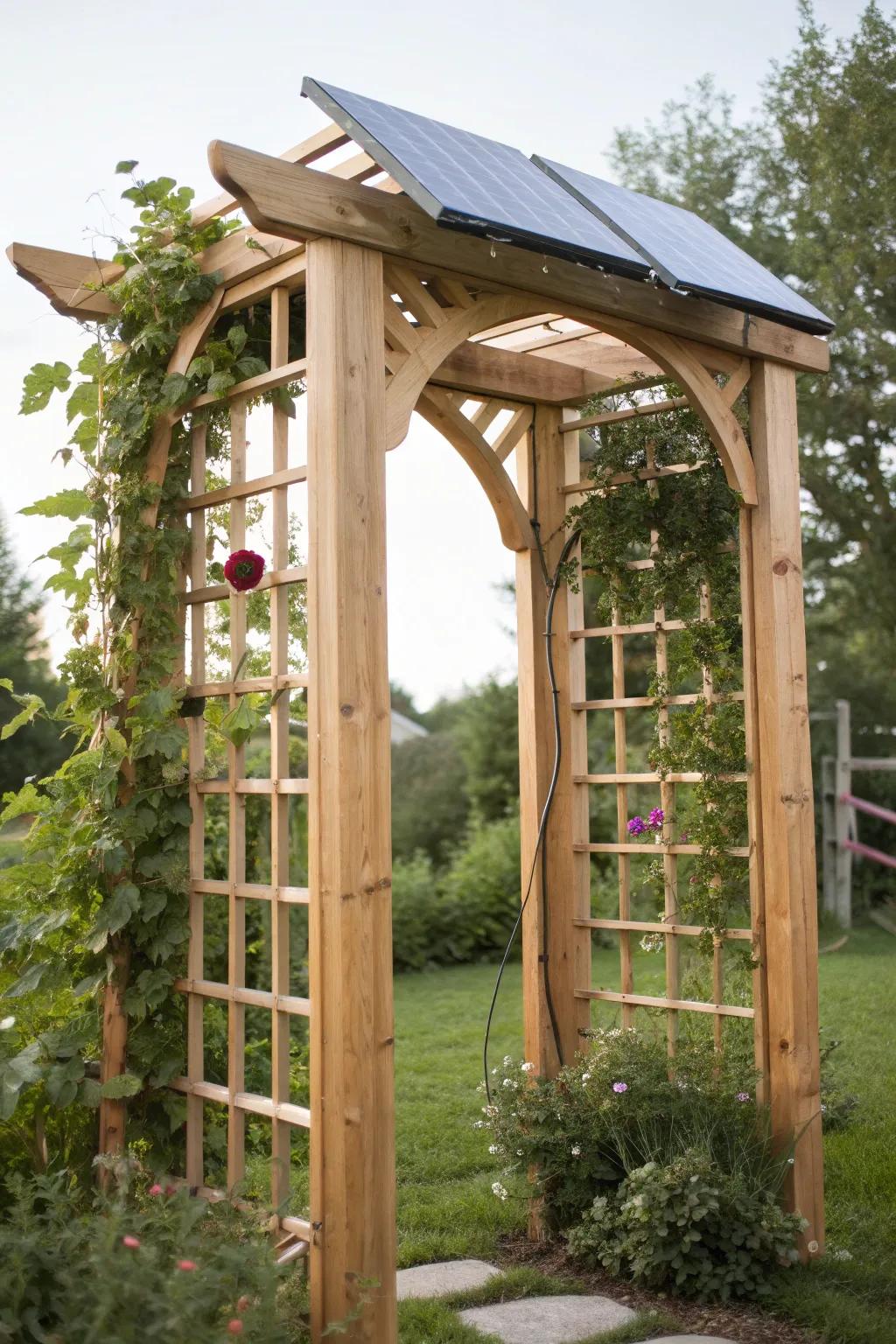 Harness the sun with style – a solar array garden arch that merges nature with innovation.