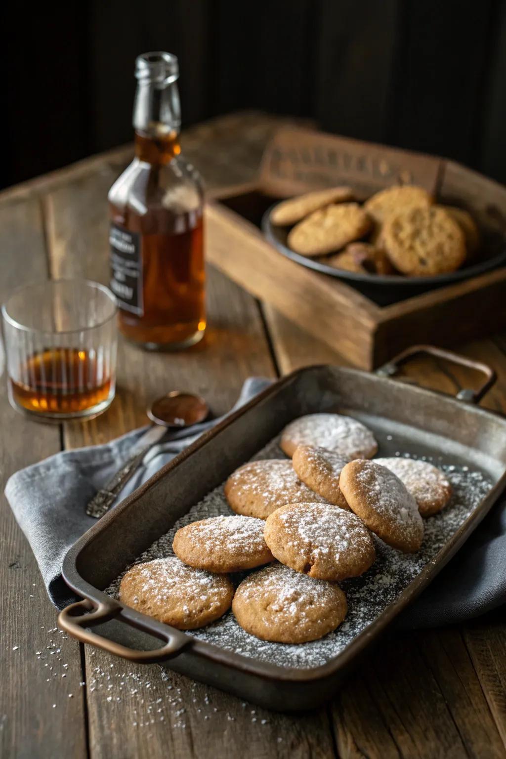 Indulge in a saccharine and spirited astonishment through this impeccable harmonization of domestic biscuits and a miniature vessel of whiskey. 🍪🥃