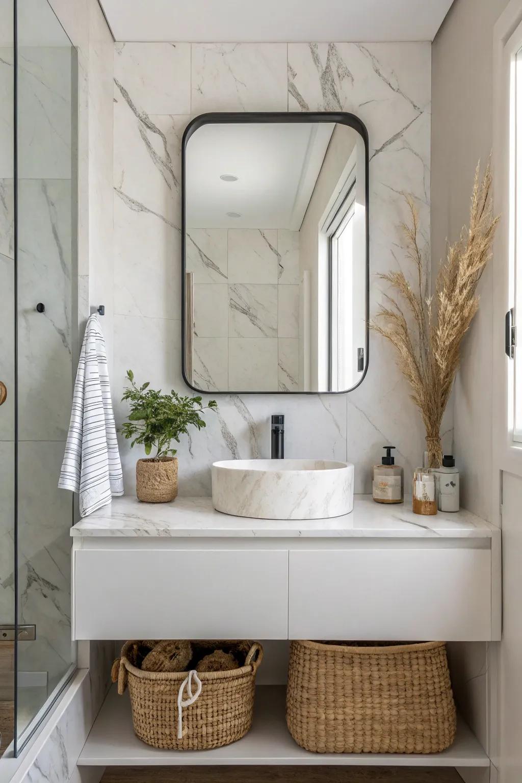 Transform your space with a touch of luxury: Marble magic for your mirror.