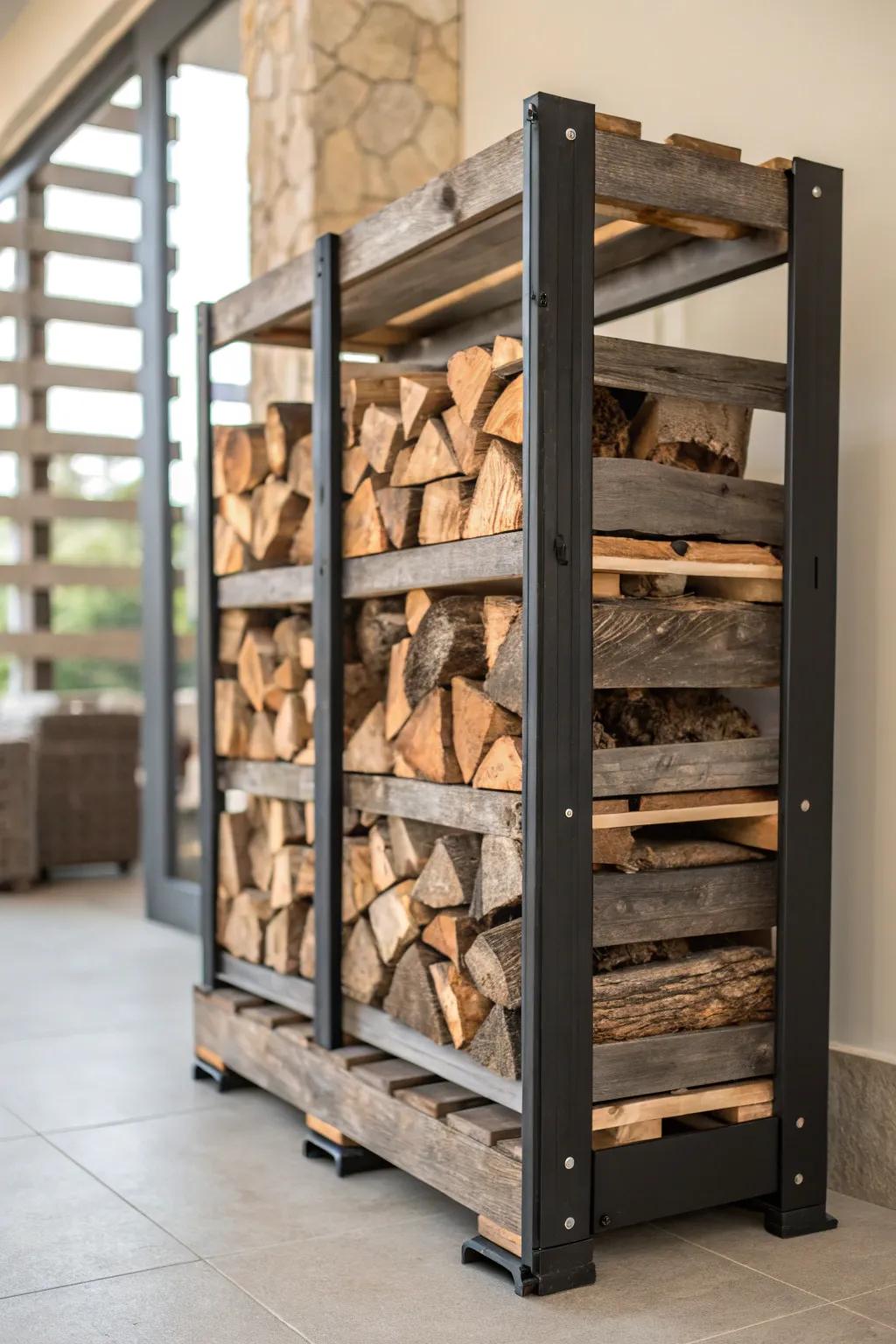 Elevate your firewood storage with a pallet and metal masterpiece.