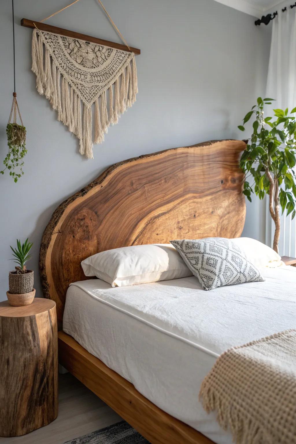 Elevate your bedroom with the natural elegance of a natural cut edge headboard, where simplicity meets stunning craftsmanship.