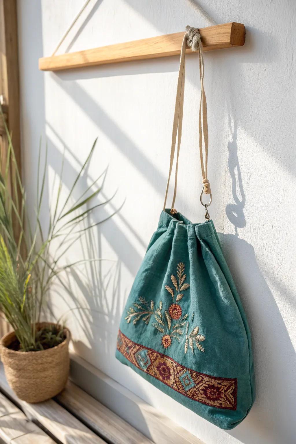 With handcrafted elegance, elevate your storage: a striking and beautiful cloth satchel for your adhesive material rolls.