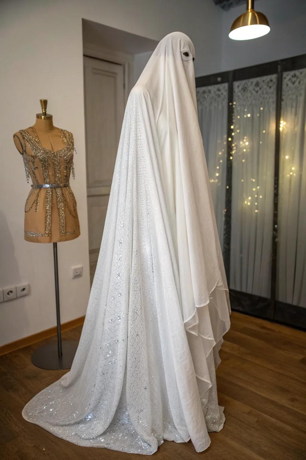 Embrace the ethereal via this spectral apparition costume, wherein Scandinavian minimalism converges with bohemian luminescence. Perfectly haunting yet effortlessly chic!