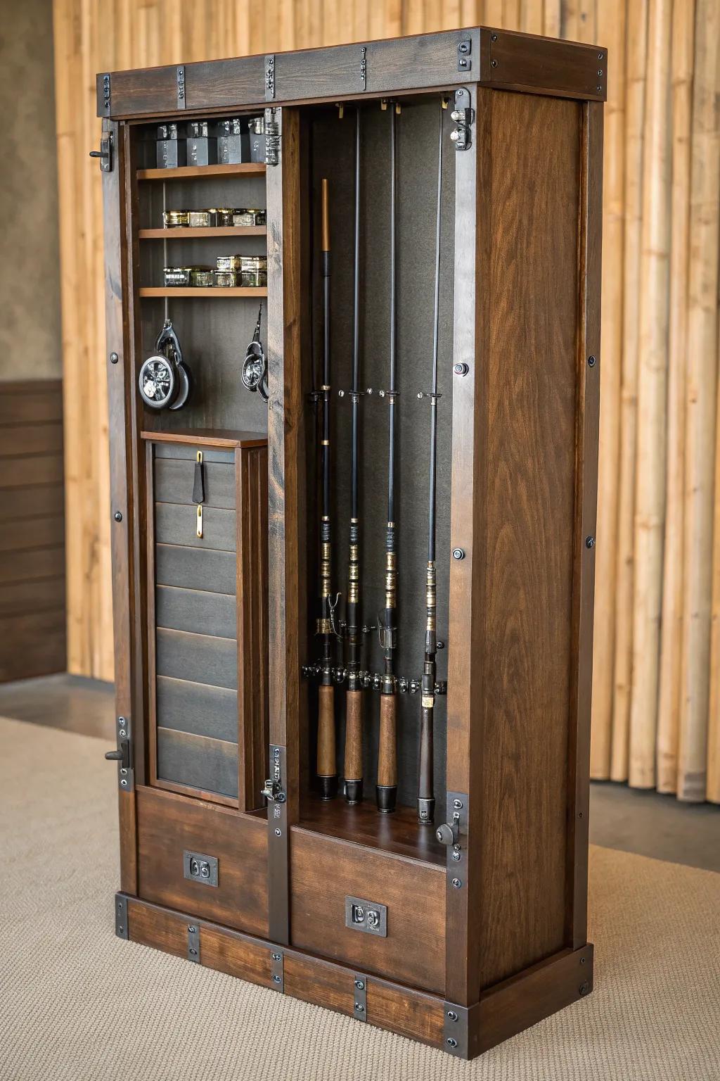 Sustainable style converges with functionality: A recycled components pole rack that elevates your fishing gear storage.