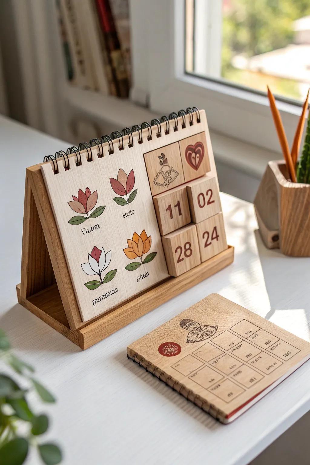 Track your goals with style and simplicity. This handcrafted wooden calendar adds a touch of elegance to your daily motivation.