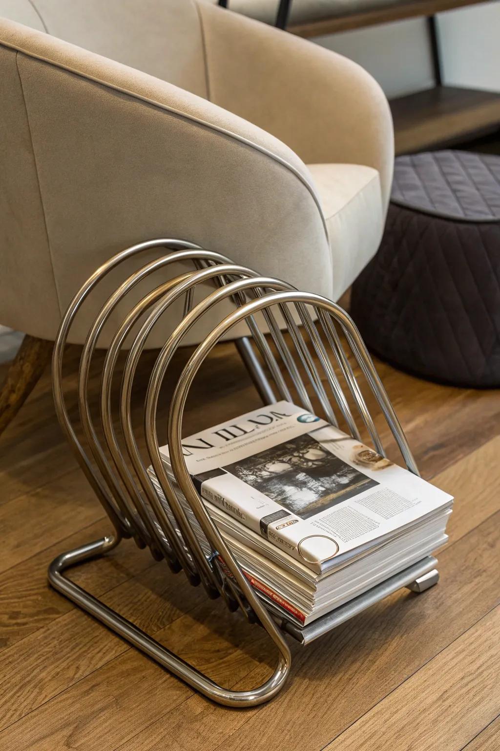 Elevate your reading nook with this chic and modern magazine rack, perfect for organizing your favorite reads in style.