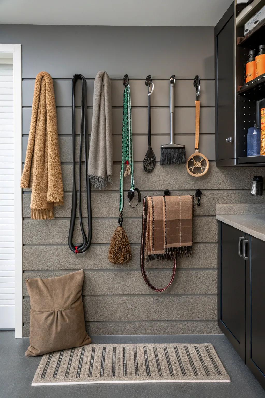 Using a well-organized slatwall arrangement, turn your garage into a chic pet grooming paradise.