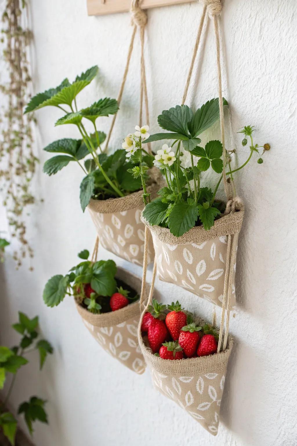 Transform your area with these DIY suspended fabric pouches—an elegant, space-conserving solution for fresh strawberries!