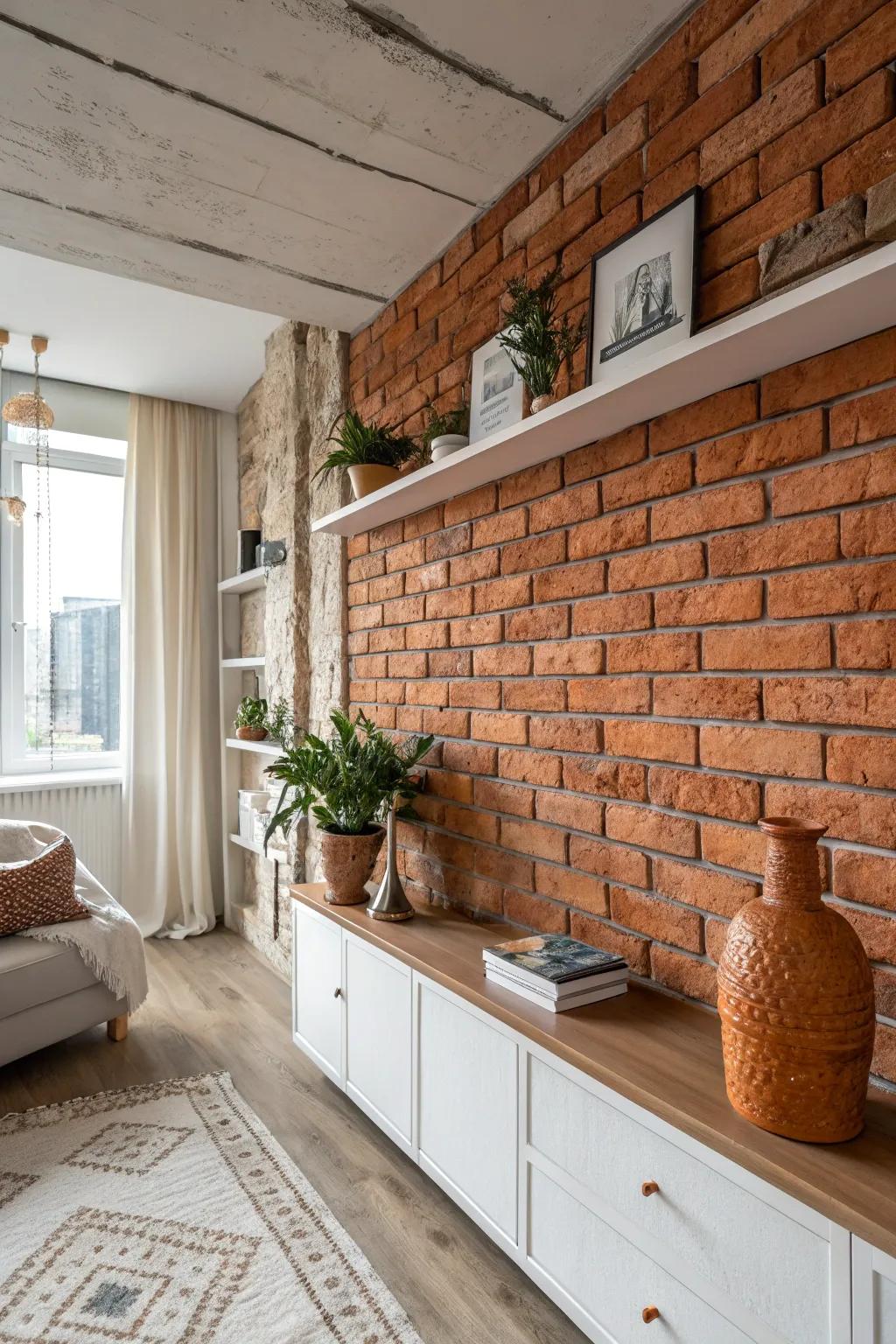 Transform your closet space with a chic simulated stone wall for an urban, minimalist vibe.
