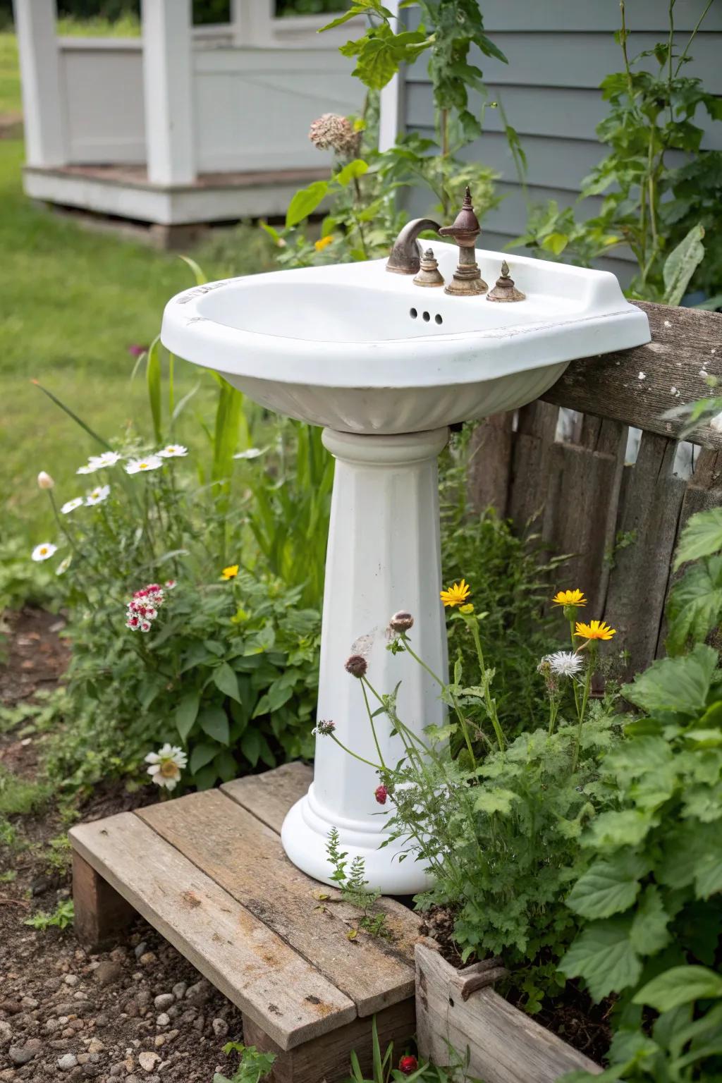 Transform a vintage sink into a breathtaking birdbath centerpiece for your garden sanctuary.