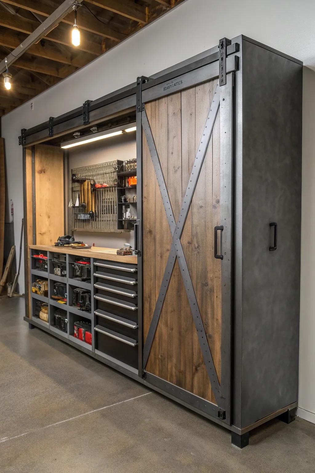 Enhance your workshop with this stylish sliding door storage solution, blending functionality with industrial charm.