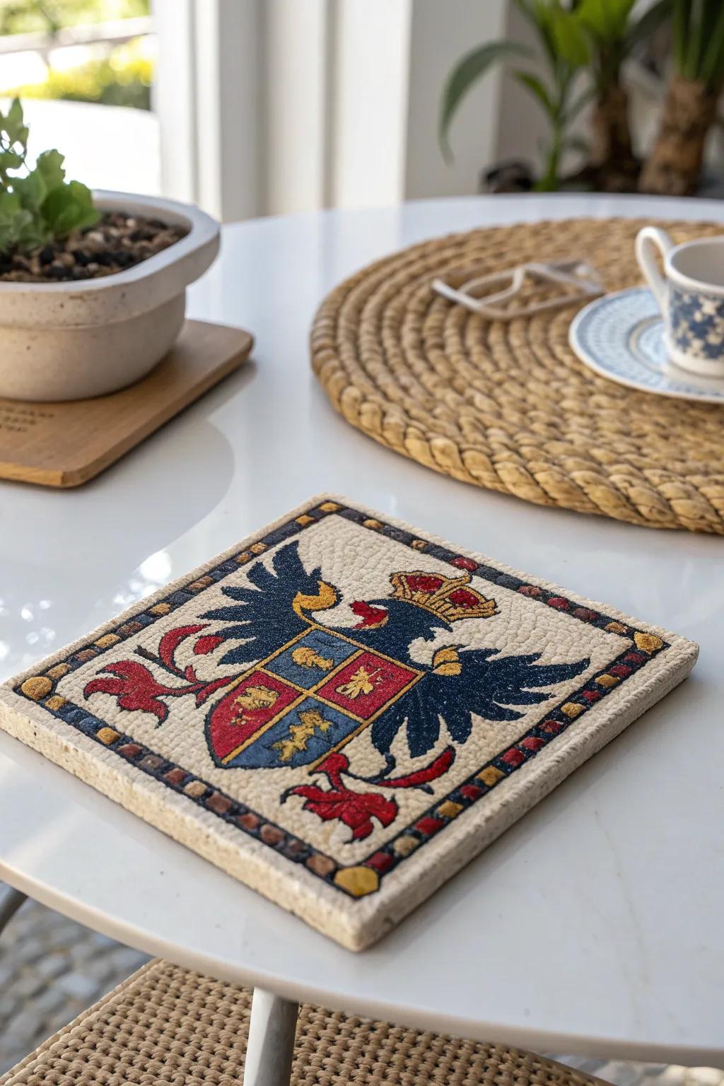 Craft your legacy with a bespoke kin emblem mosaic coaster—a seamless fusion of heritage and artistry.