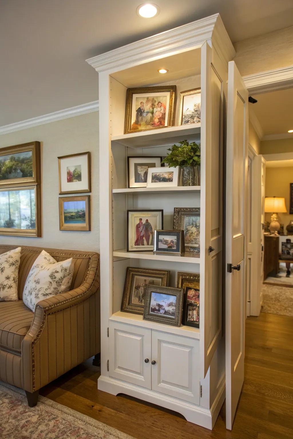 Open platforms within slender cupboards impart a personal accent to your decor.