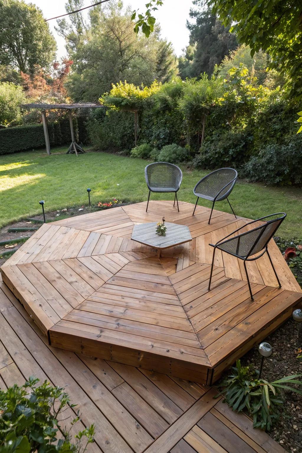 Step into ingenuity through this marvelous hexagonal platform terrace—where unique design converges with natural elegance.