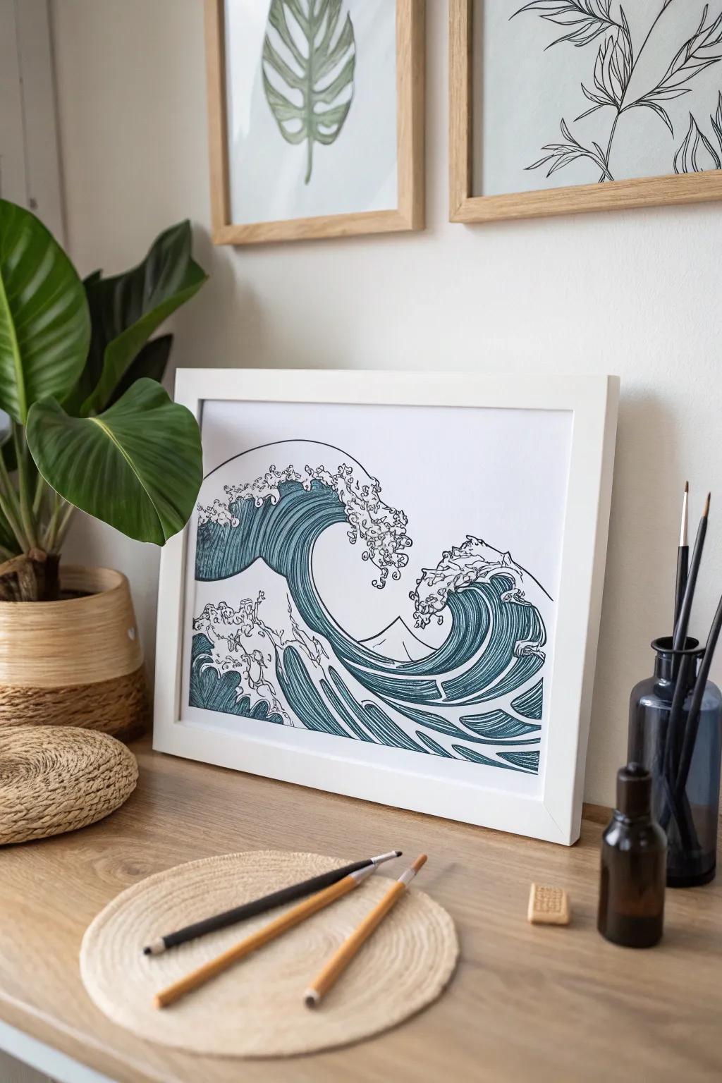 Immerse yourself in the calming essence of the sea with this breathtaking ink sea wave art.