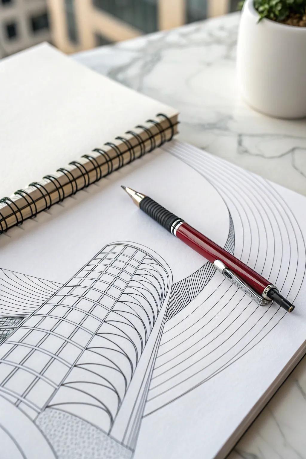 Explore the future of architecture with minimalist pen doodles that blend bold design and natural beauty.