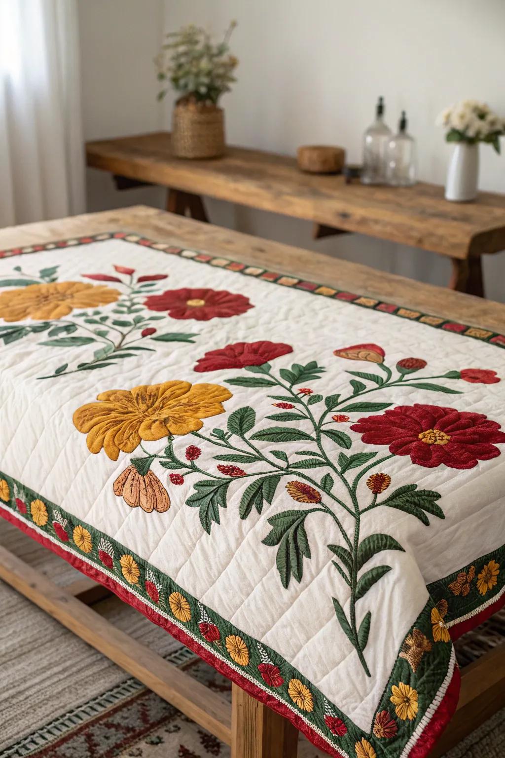 Embrace nature's splendor through this stunning floral quilt border, a superb fusion of artistry and vibrant charm.
