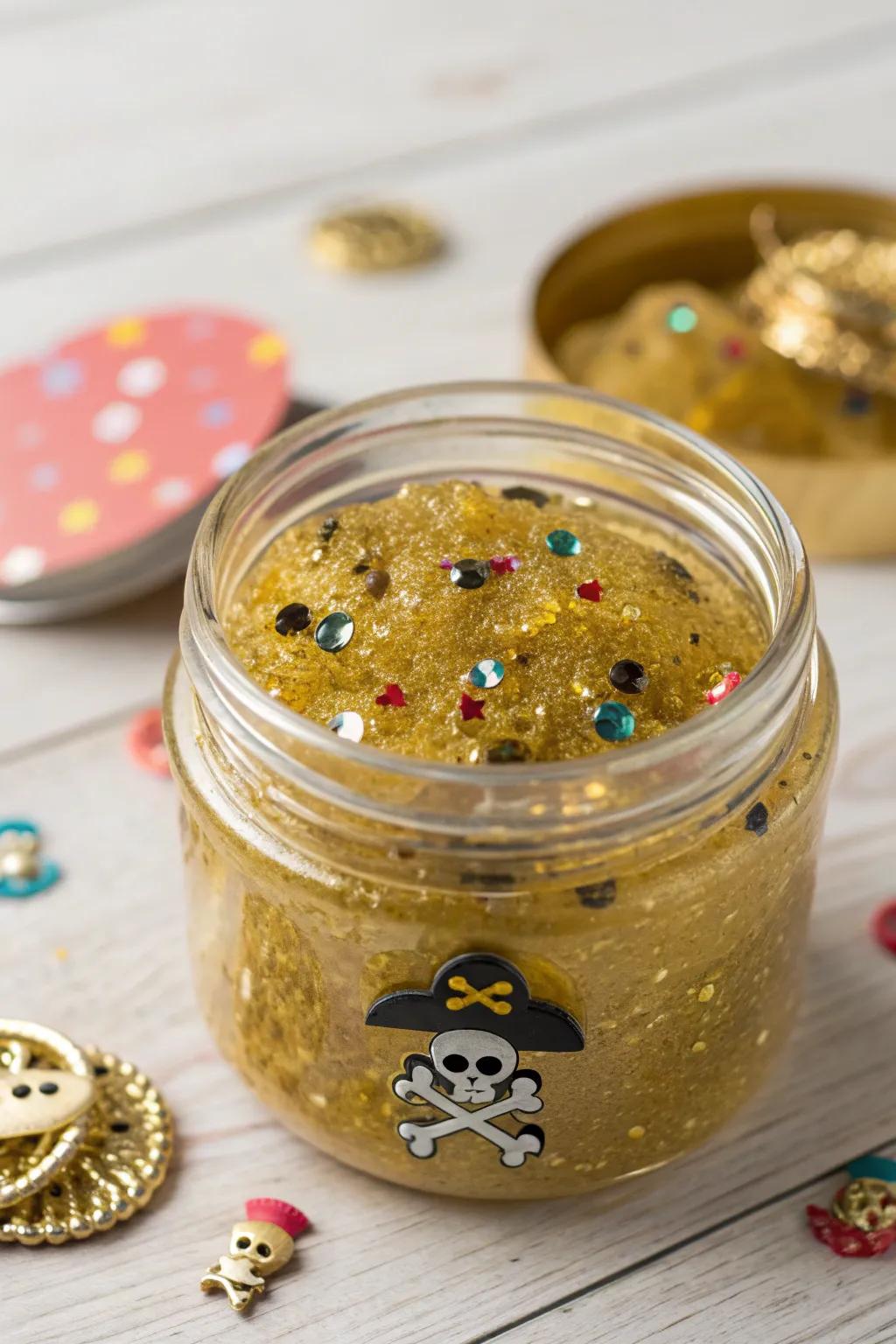 Unleash the sorcery of pirate valuable hoard with this glittering sensory slime escapade!