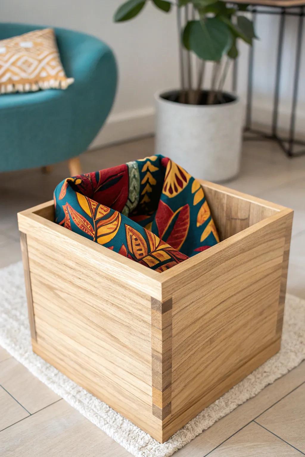 Add a pop of color to your space with fabric-lined wooden planter boxes, where simplicity meets vibrant elegance.