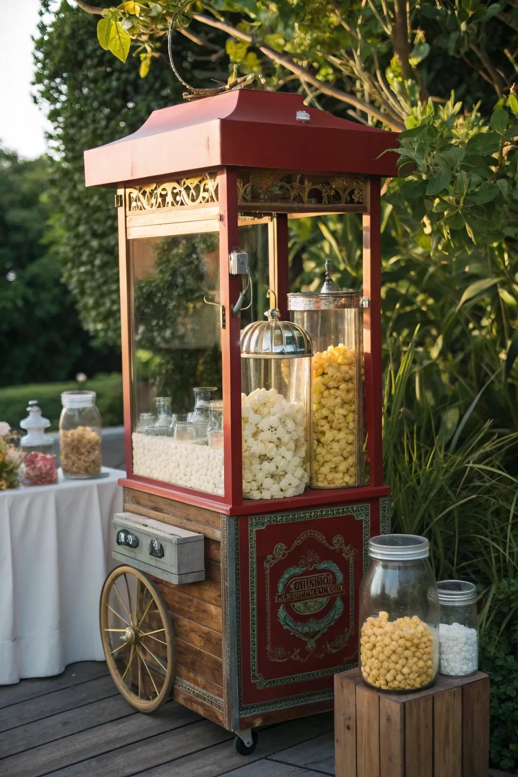 Elevate your backyard festivity using an enchanting garden popcorn dispensing spot.