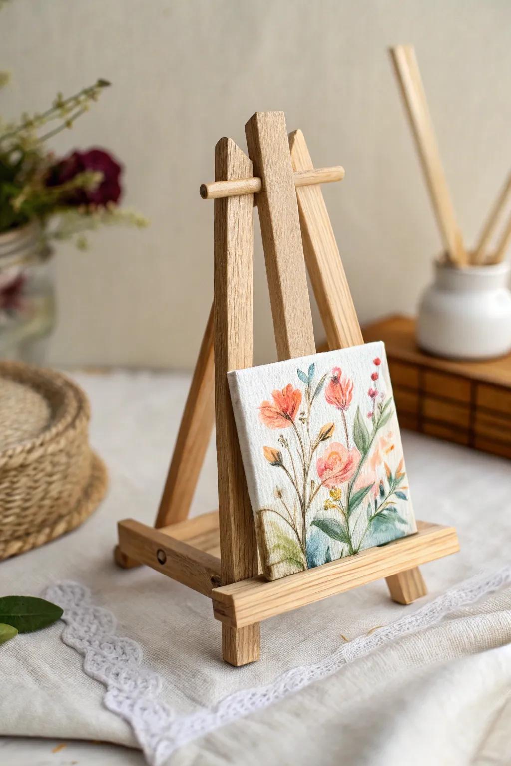 Enhance your mini masterpieces through this captivating popsicle stick display - where simplicity merges with creativity.