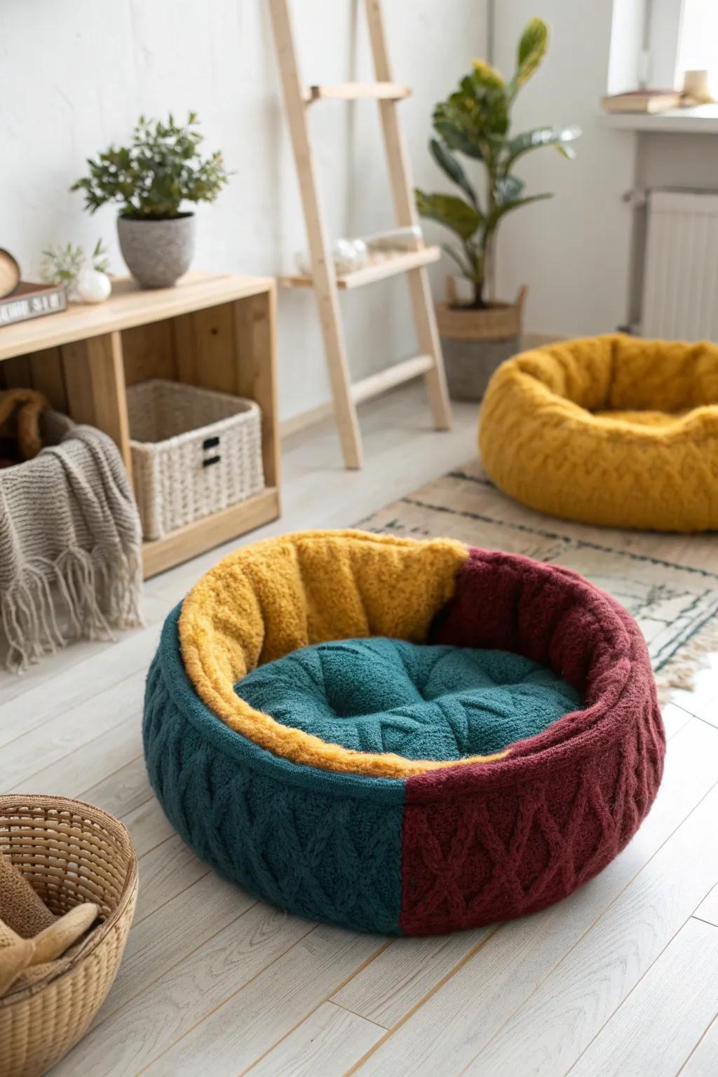 Alter aged pullovers into a snug haven for your pet, converging minimalism through vibrant tinctures to attain a chic, lasting domicile refinement.
