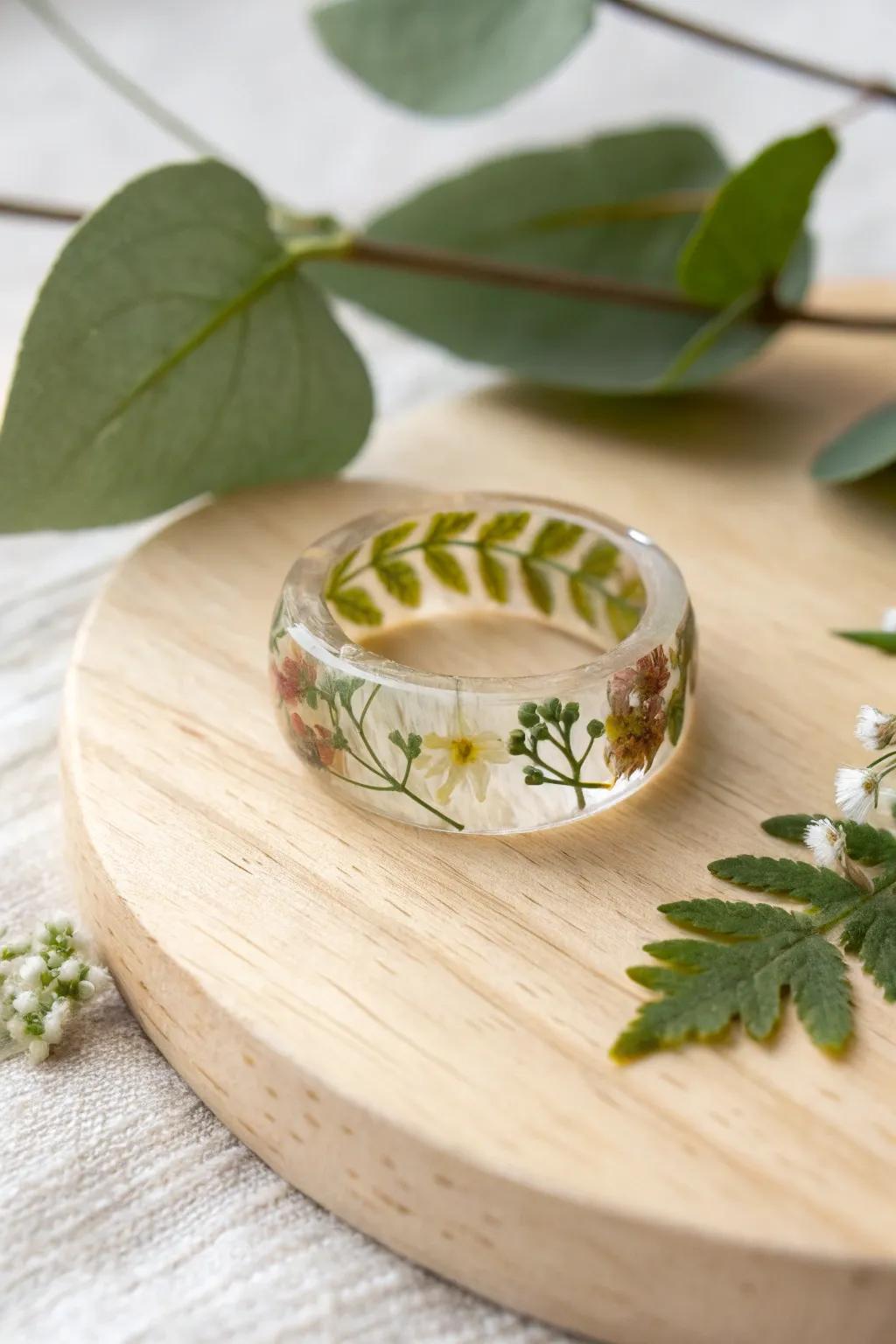 Nature's elegance captured in a resin ring—wear a piece of the botanical beauty.