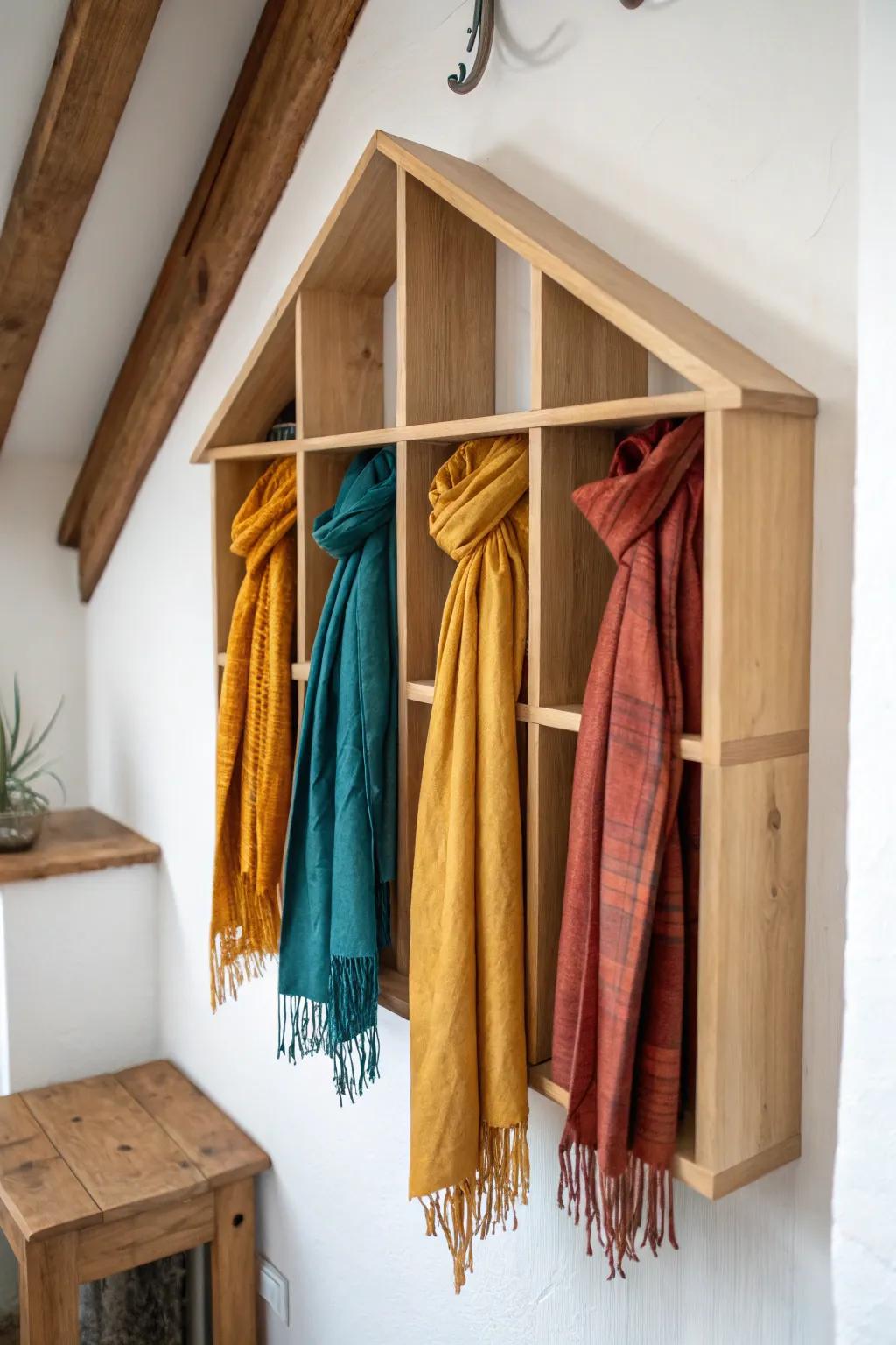 Elevate your scarf display with custom shelving that blends Scandinavian minimalism and Boho charm.