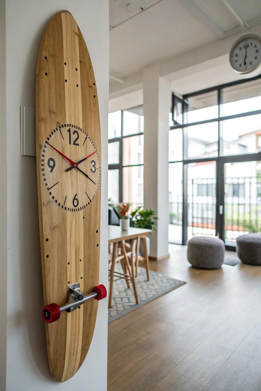 A wall clock inventively constructed from a skateboard surface.