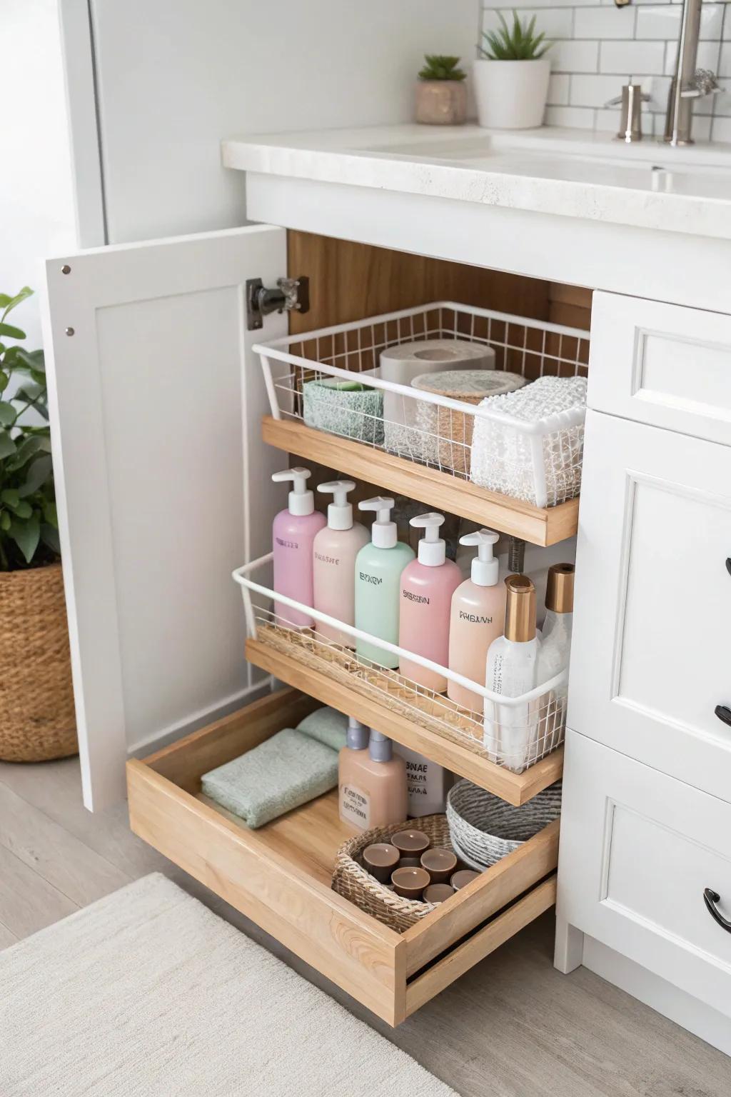 Transform your kitchen's turmoil into calm with elegant under-sink storage approaches that blend Scandinavian simplicity with Boho charm.