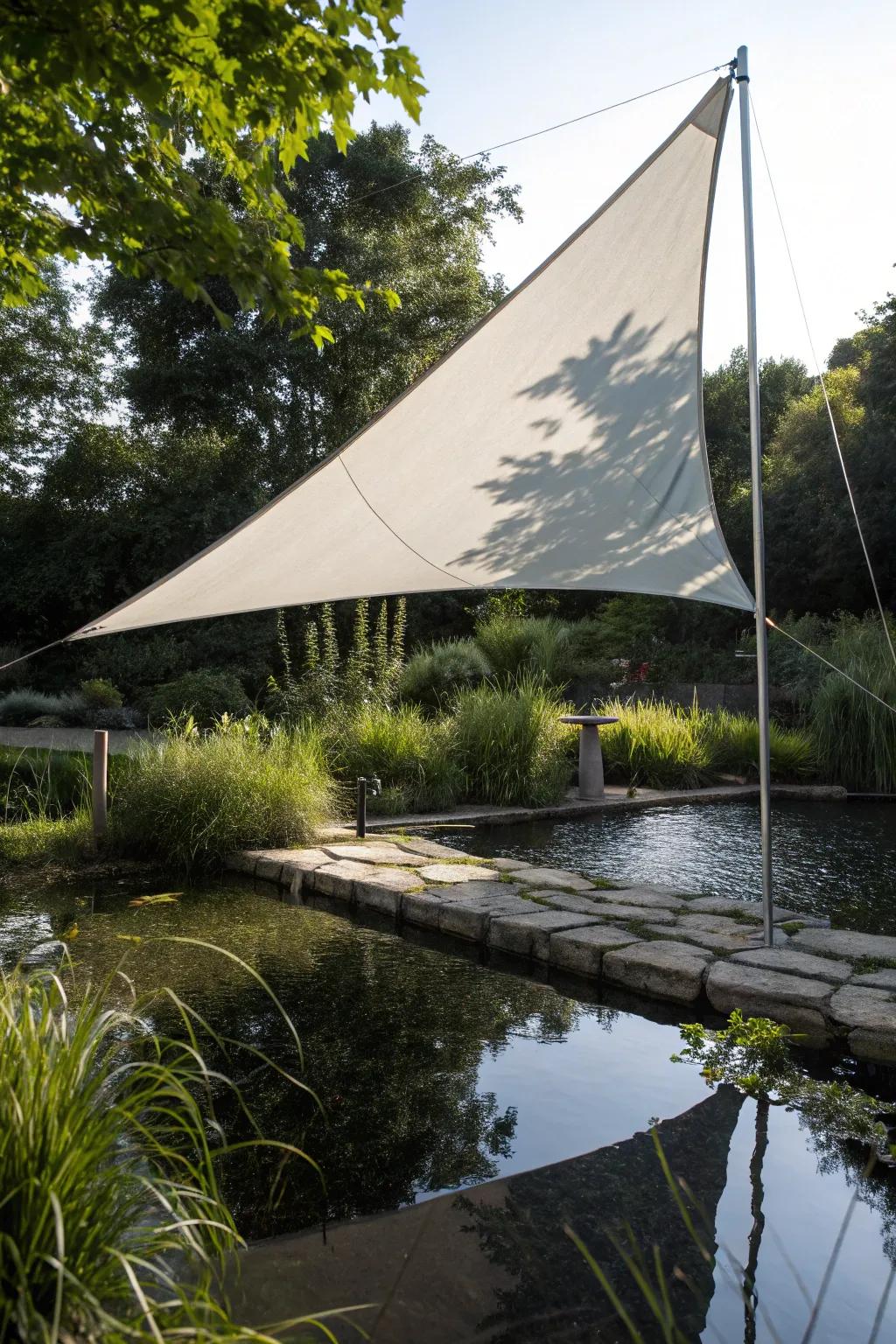 Transform your garden oasis through a stylish sun shadow sail positioned above water, harmonizing elegance with refreshing coolness.