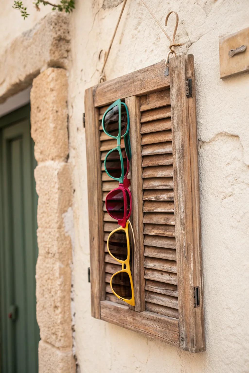 Transform vintage charm into functional elegance with this repurposed shutter sunglass display.