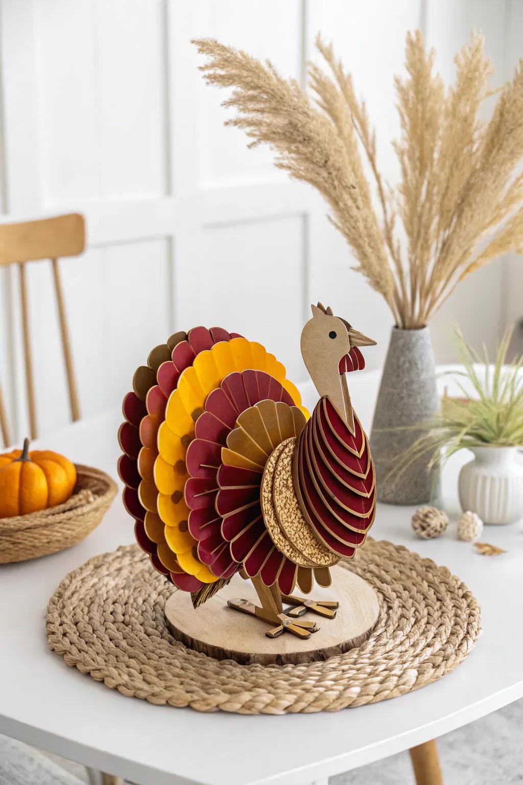 Elevate your Thanksgiving decor with this captivating recycled cardboard turkey, a flawless fusion of eco-conscious ingenuity and Scandinavian minimalism.