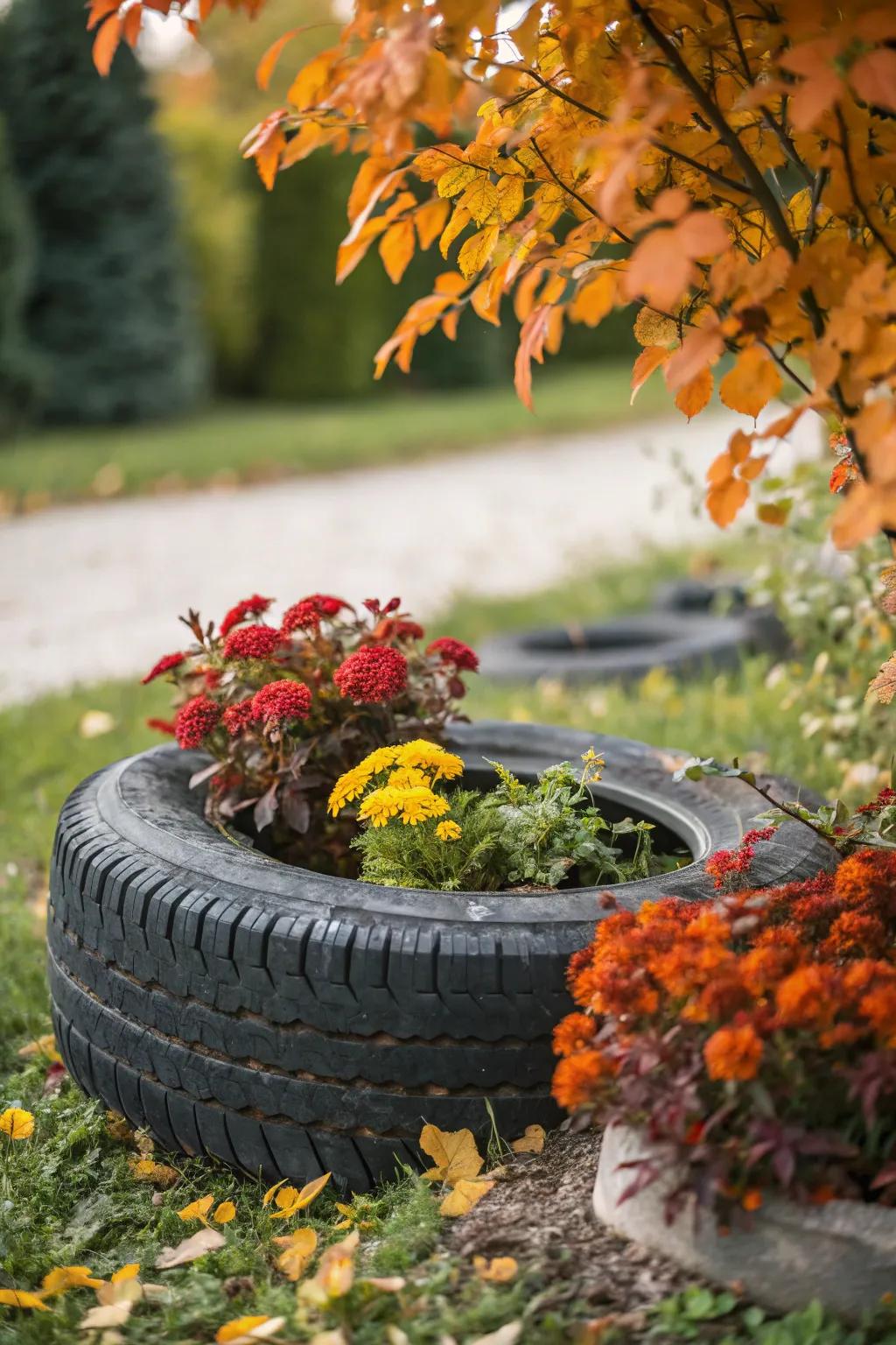Transform your garden with a themed tire planter that evolves with the changing seasons.