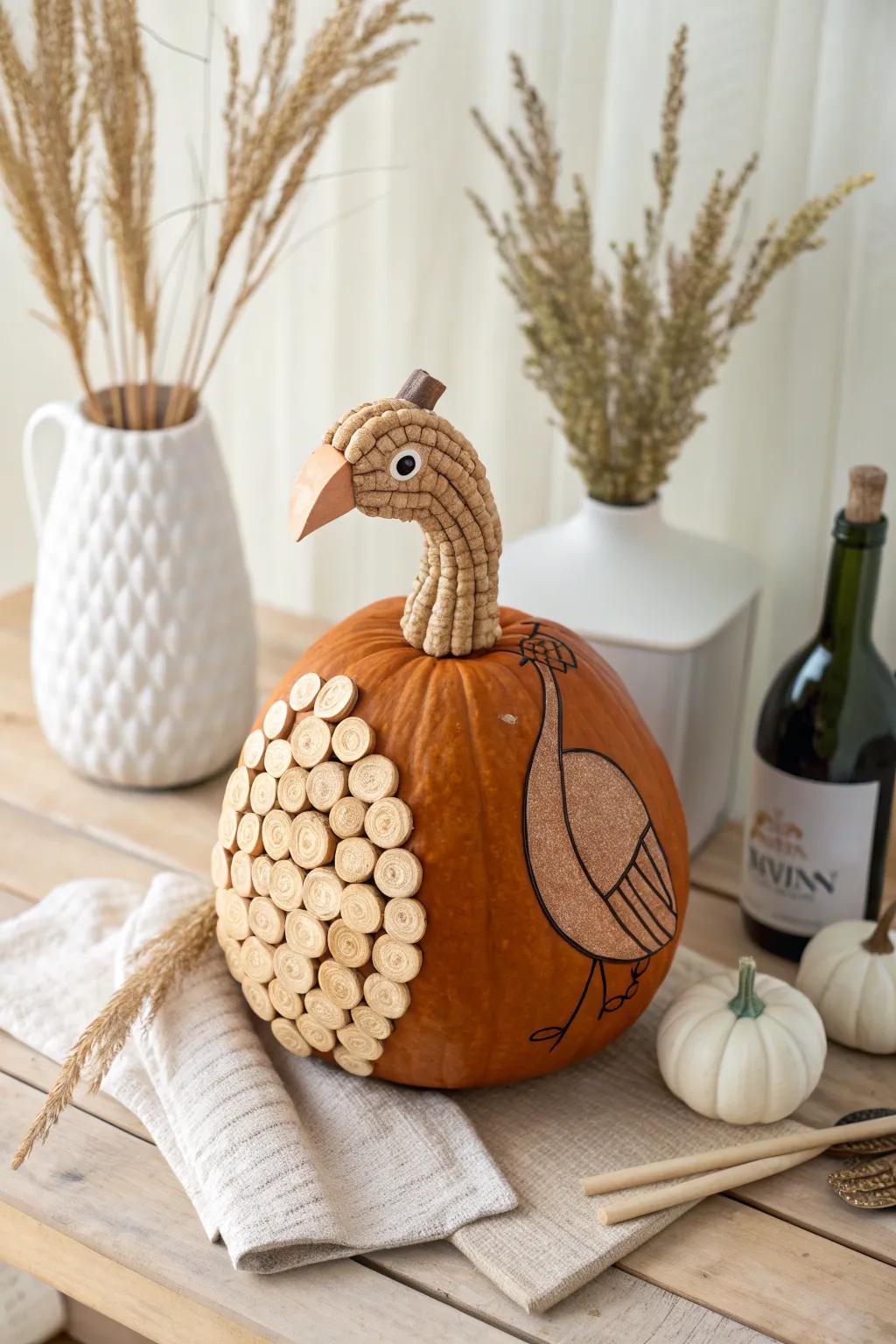 Transform your pumpkin into a whimsical turkey with an upcycled cork neck, suited for introducing charm to your autumnal décor!
