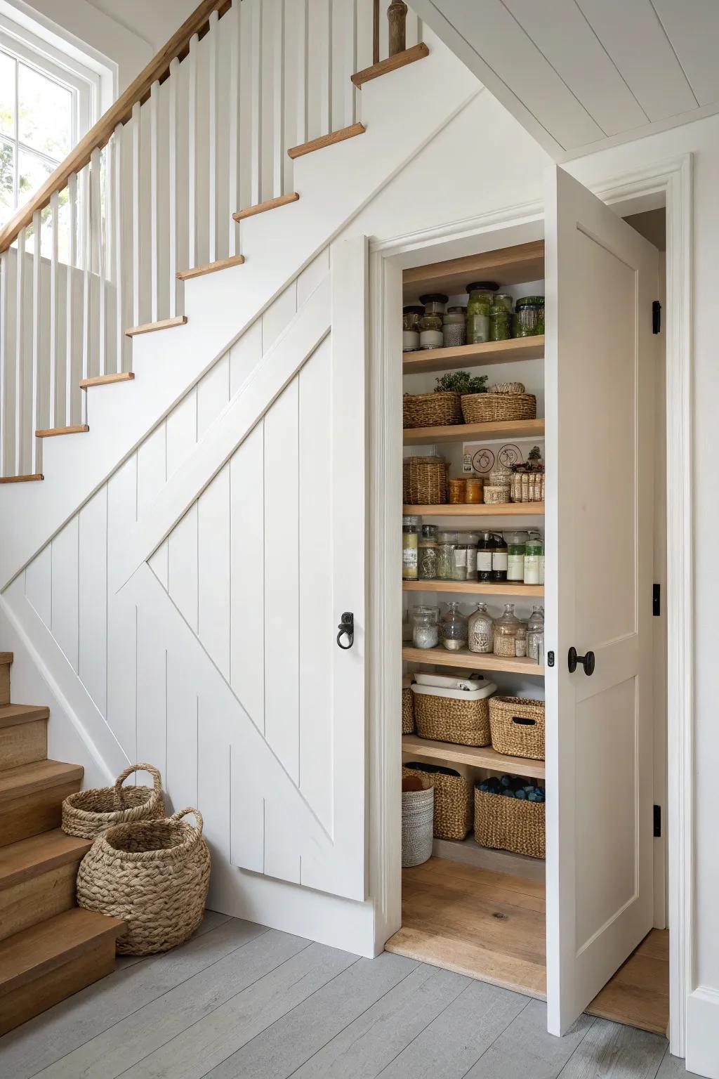 Discover the joy of hidden treasures with a secret pantry door under the stairs.