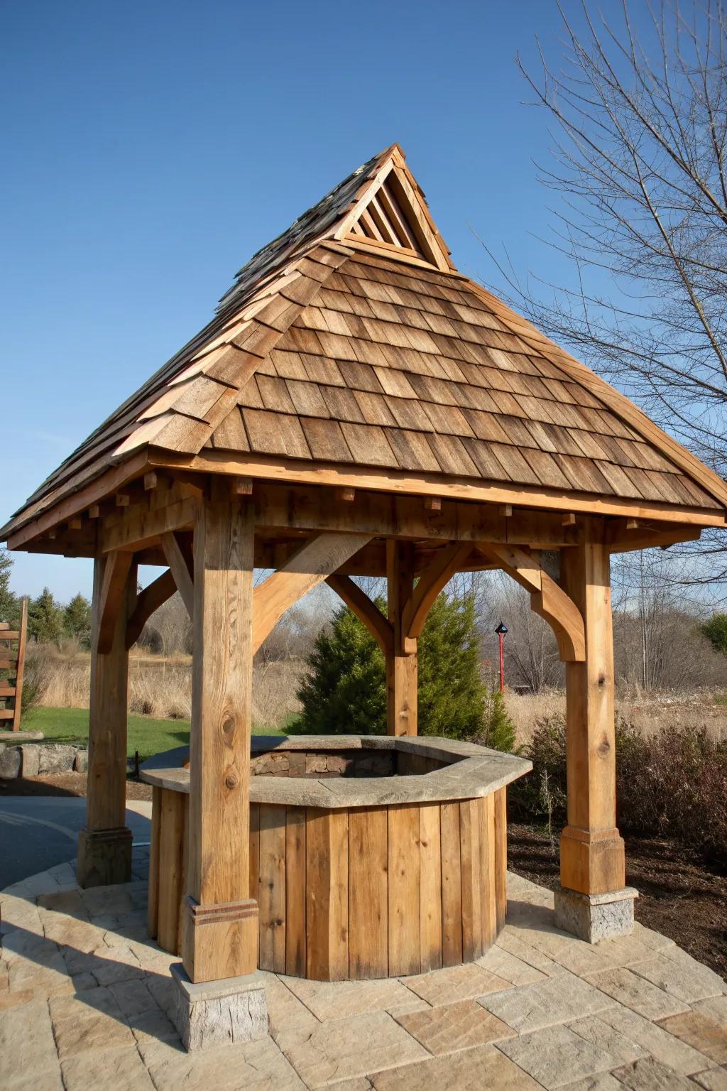 Embrace the timeless allure of an aromatic wood shake roof for your wishing well—where countryside charm merges with enduring elegance.