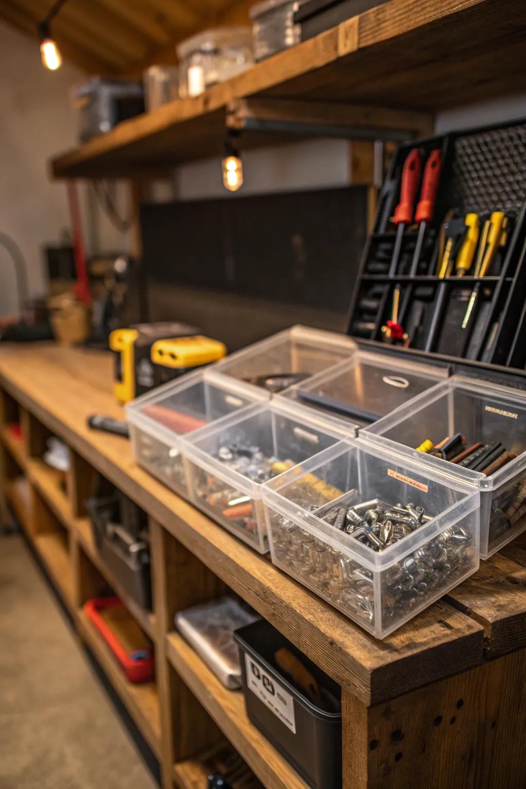 Effortlessly organized: Clear bins for an effective, stylish workshop.