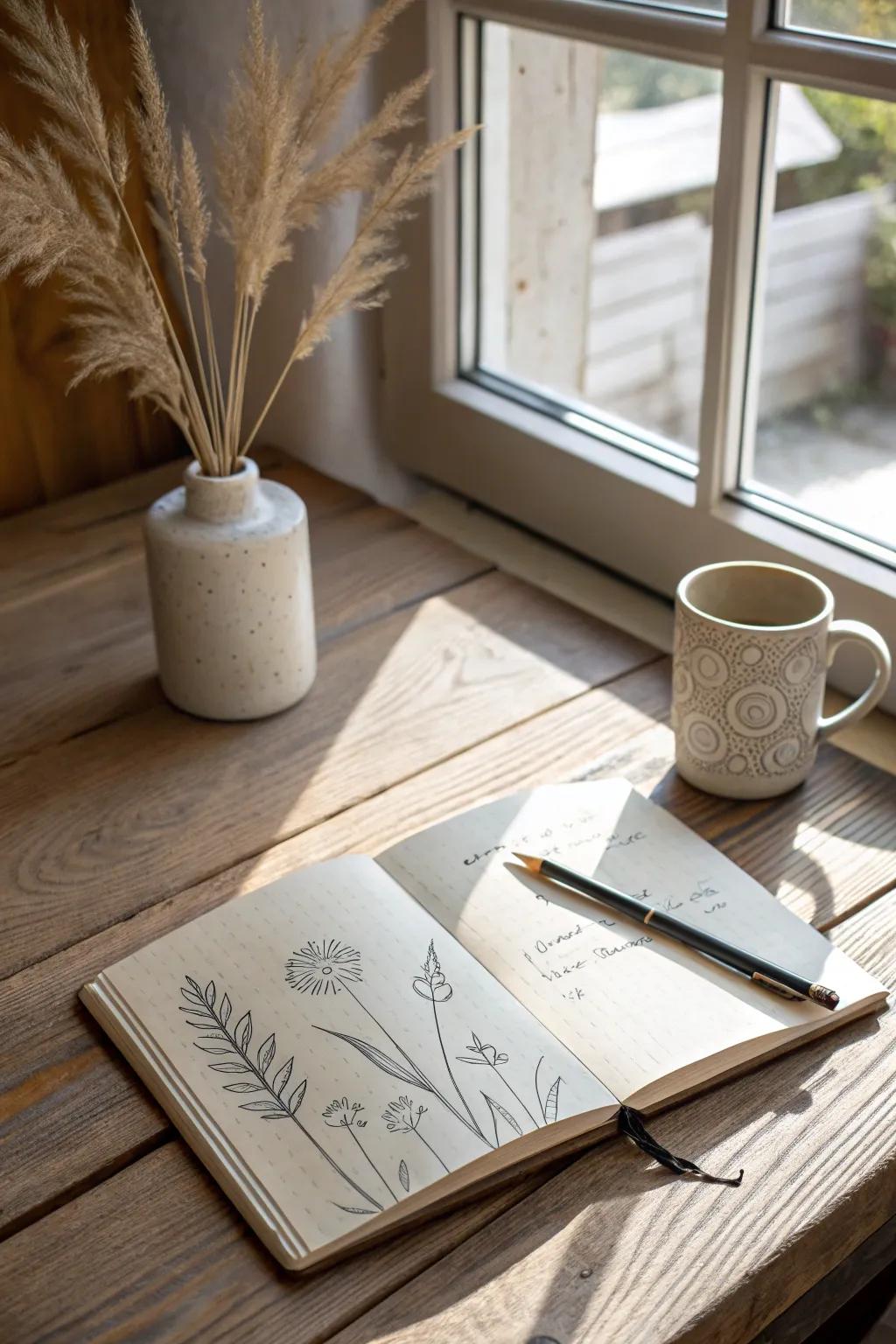 Document your reflections and sensations with a daily sketch journal, where simplicity intertwines with creativity.