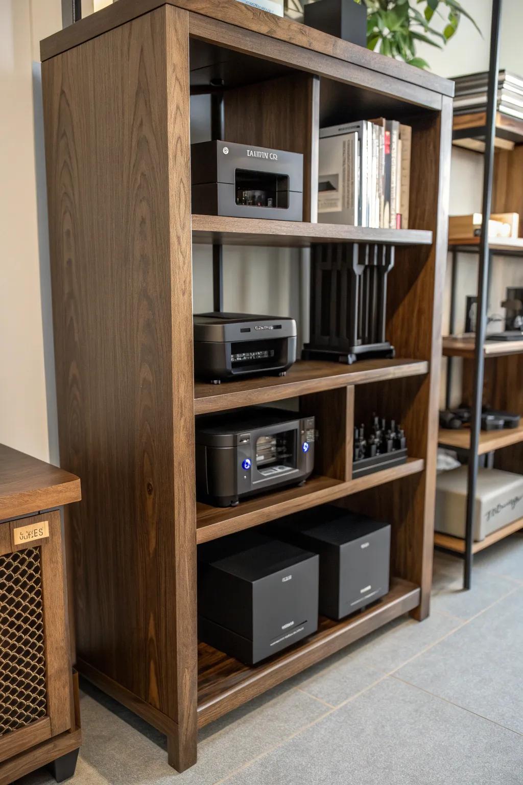 Enhance your studio's style and utility with artisanal stacked shelving for your Digital Fabricators.