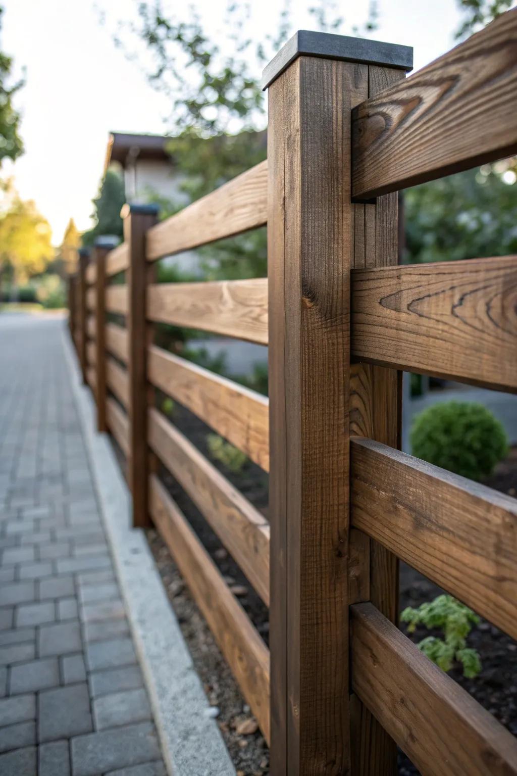 Celebrate contemporary refinement through a horizontal plank fence, embodying artisanship and grace.