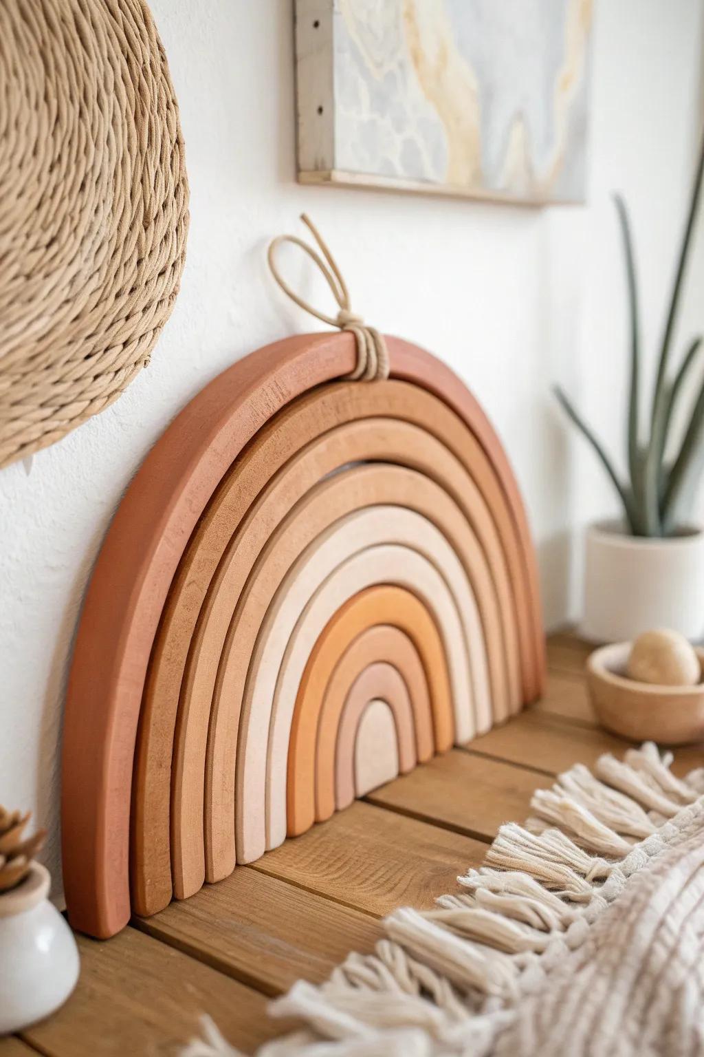 Fill your space with the cozy grace of free-spirit rainbow wall art, shaped from air dry clay and colored with calming terracotta shades.