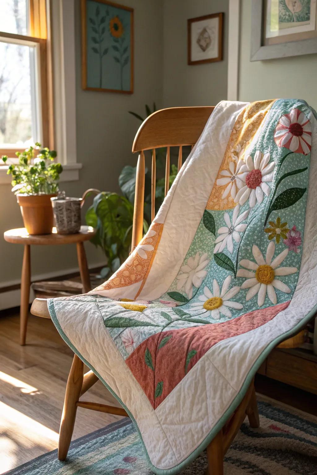 Celebrate the beauty of nature with this breathtaking daisy-themed art quilt, a seamless fusion of skill and minimalist charm.