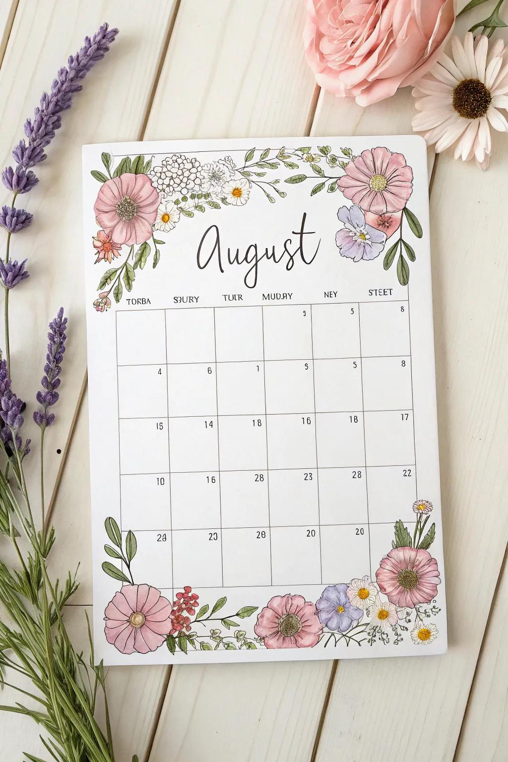 Transform your August schedule into a Floral Fantasy using this beautifully designed minimalist calendar!