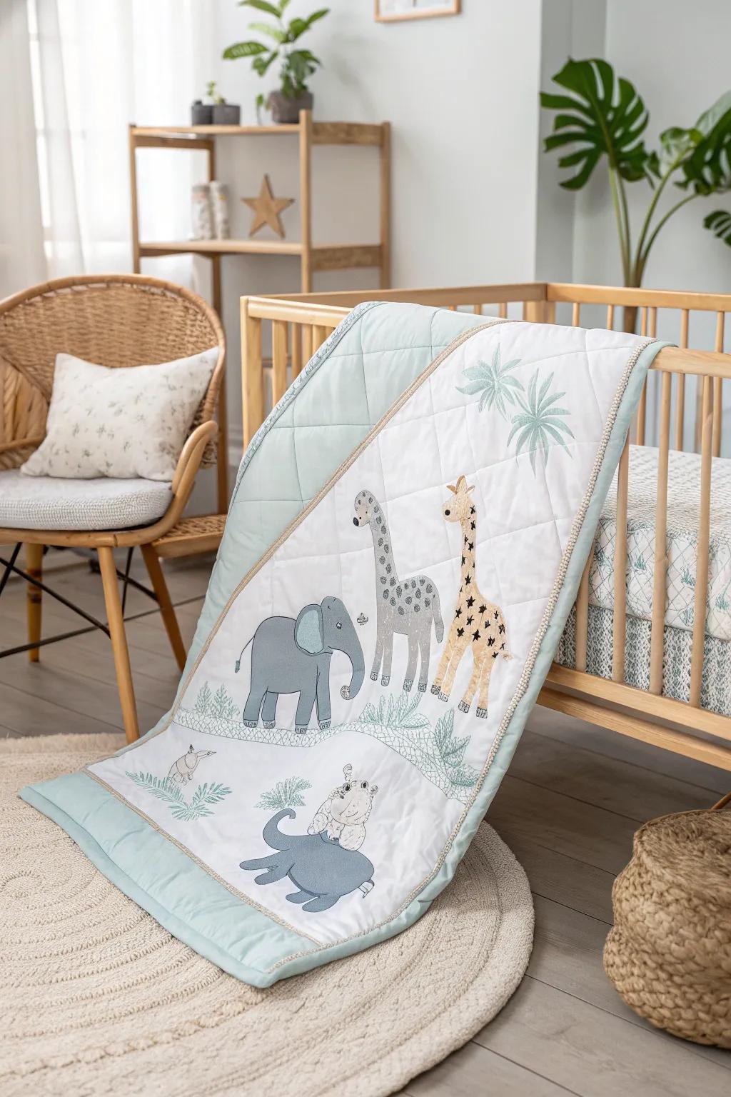 Bask in the allure of artisanal simplicity with this Critter Caravan Quilt, ideally suited for your little one's nursery.