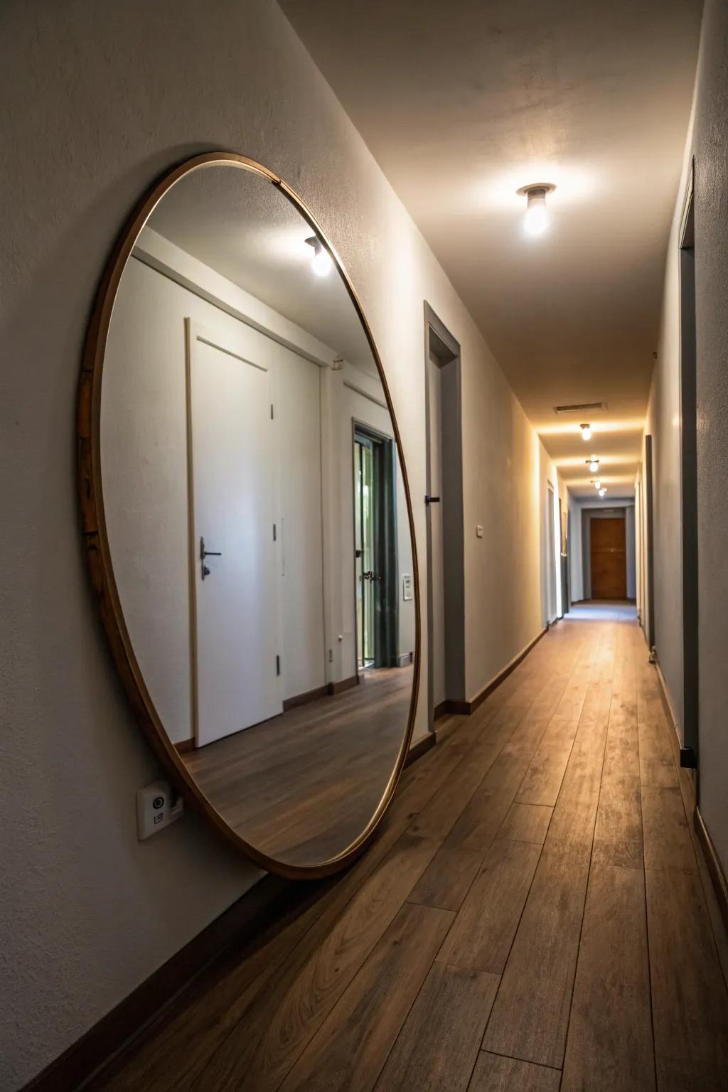 A decorative reflector enhances space and lighting within a constrained hallway.