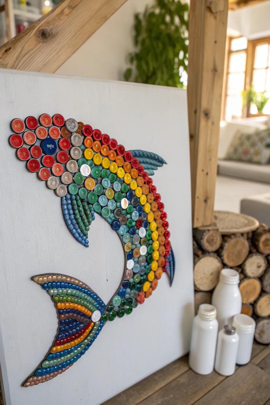 Transforming waste into wonder: this circular lid mosaic infuses dynamic creativity into minimalist decor.