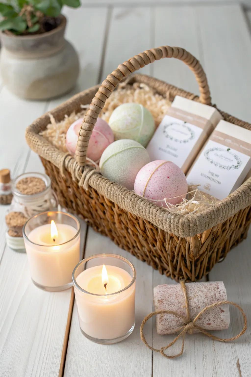 Delight in a hint of homemade spa luxury with our handcrafted bath essentials basket. Ideal for a soothing retreat at home.